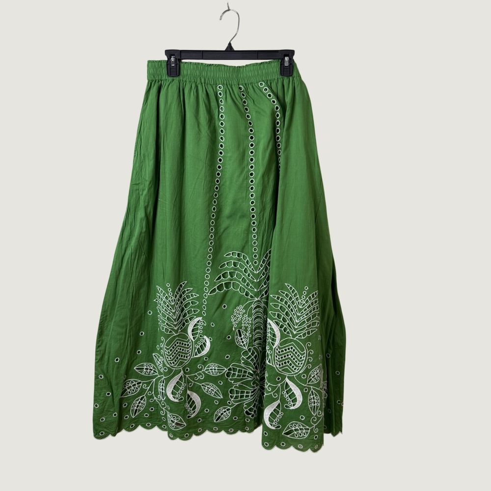 Karen Kane Green Eyelet Pineapple Maxi 100% Cotton Skirt Boho Coastal Tropical L